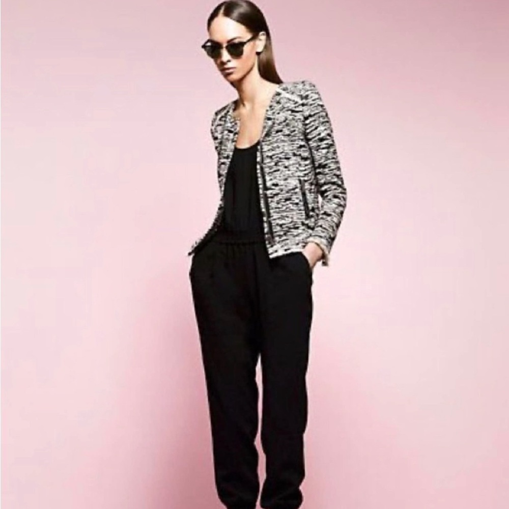 IRO BLACK AND WHITE COTTON BLEND WOVEN ZIP FRONT JACKET WITH POCKETS SIZE 6